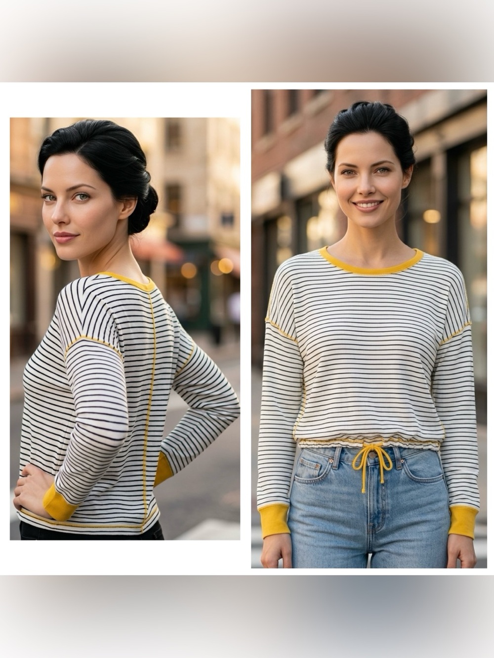 Hem & Thread Women’s Sz S striped relaxed long sleeve drawstring hem knit top